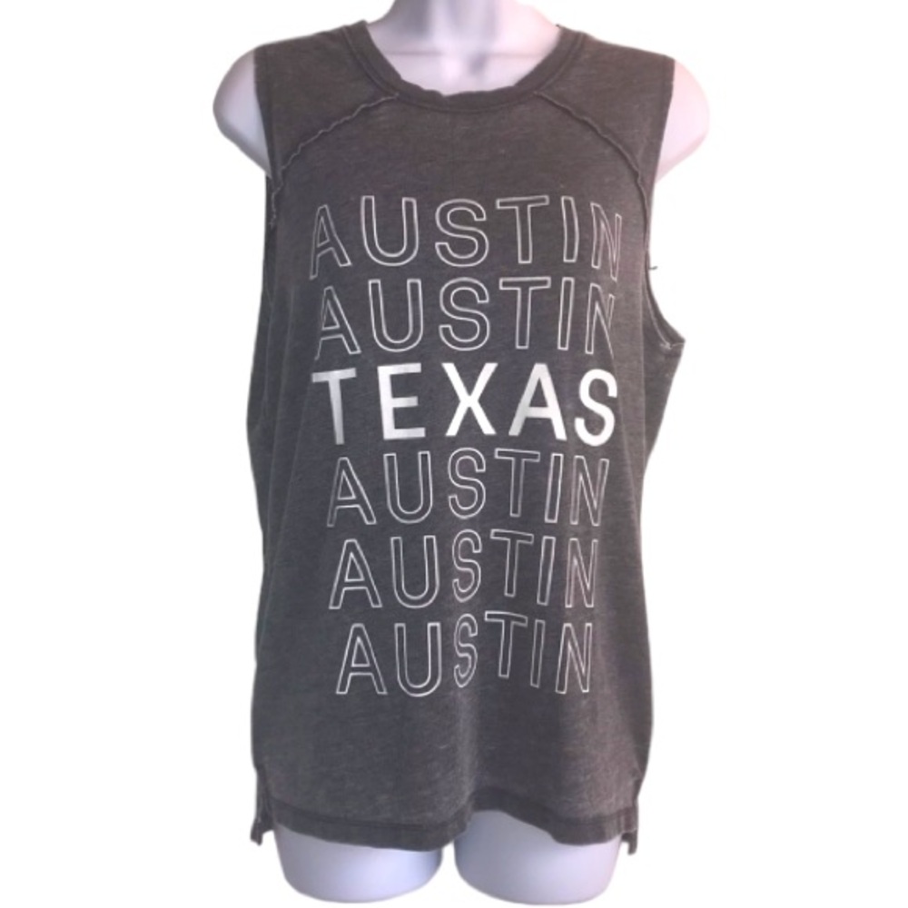 🔴 4/$15 Austin Texas Women’s S gray white spellout graphic muscle tank top EUC